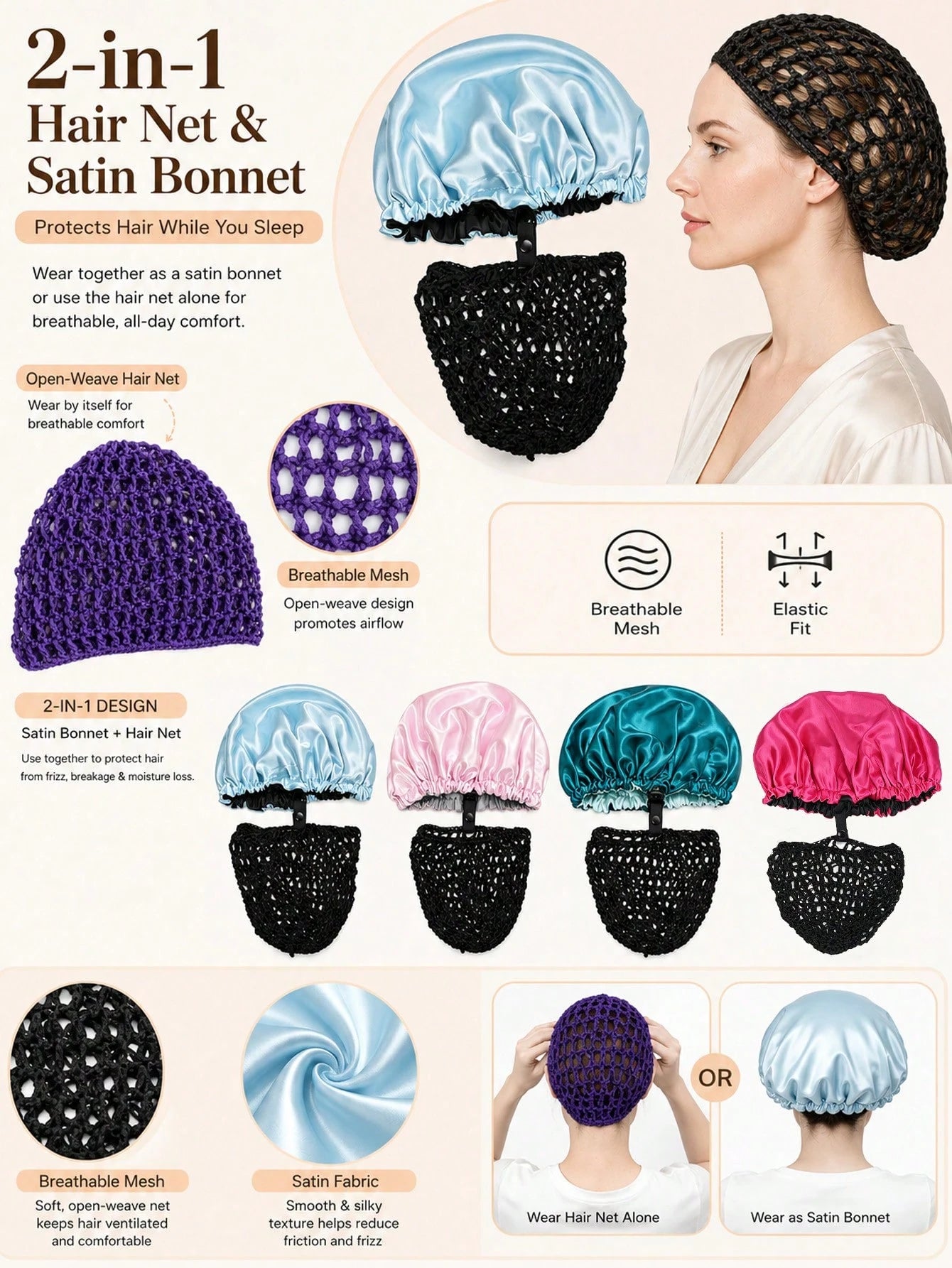 2pcs/1pc Adjustable Sleep Cap With Inner Hair Net Set, Double-Layer Satin Hair Care Bonnet, Elastic Design For Adjustable Size, Prevents Messy Hair And Reduces Friction Damage During Sleep, Hollow Bla