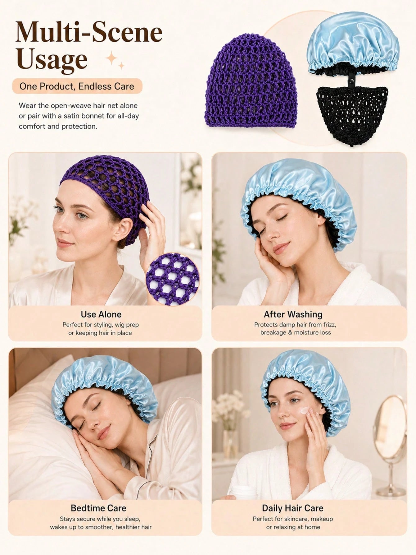 2pcs/1pc Adjustable Sleep Cap With Inner Hair Net Set, Double-Layer Satin Hair Care Bonnet, Elastic Design For Adjustable Size, Prevents Messy Hair And Reduces Friction Damage During Sleep, Hollow Bla