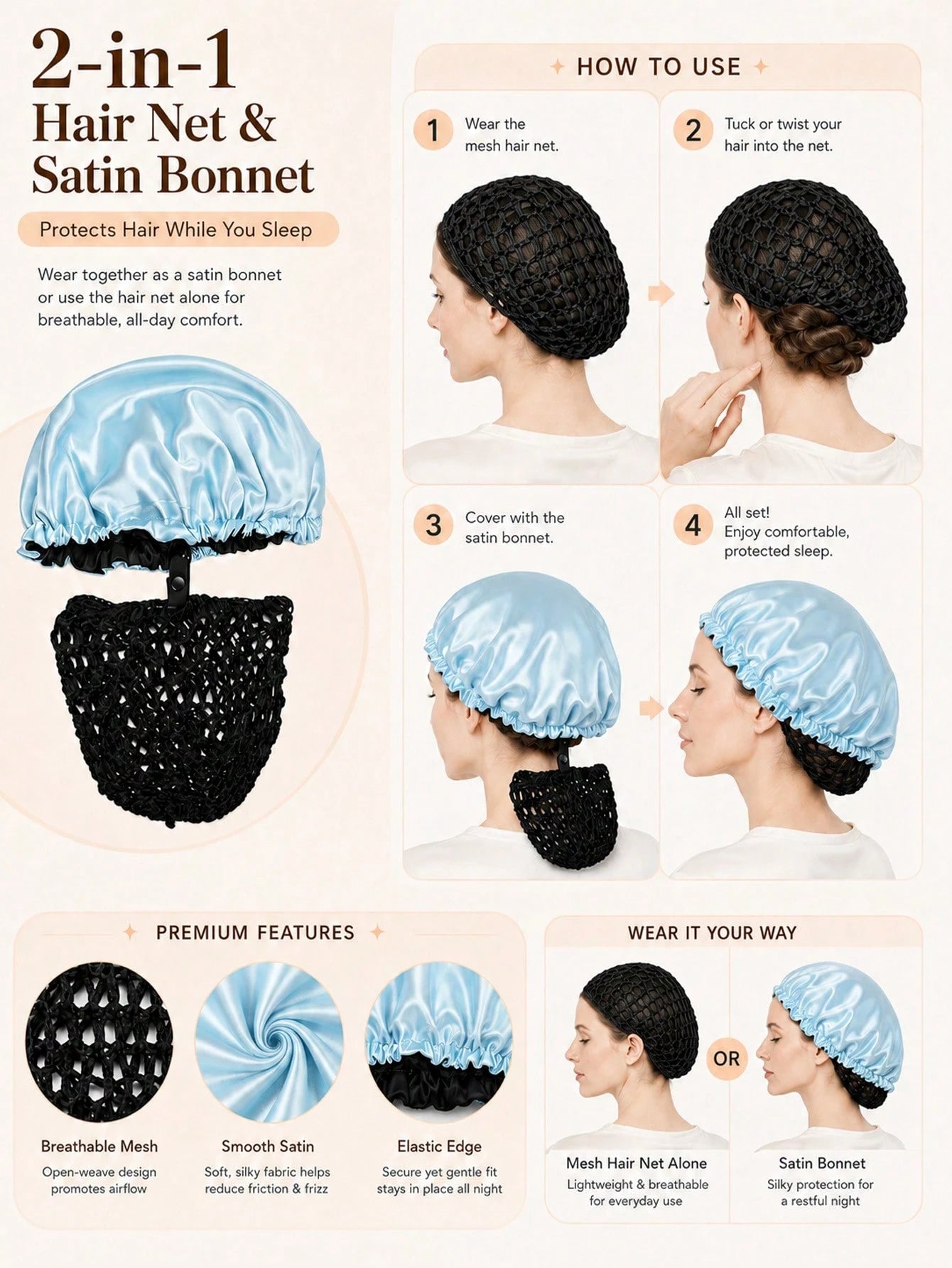 2pcs/1pc Adjustable Sleep Cap With Inner Hair Net Set, Double-Layer Satin Hair Care Bonnet, Elastic Design For Adjustable Size, Prevents Messy Hair And Reduces Friction Damage During Sleep, Hollow Bla