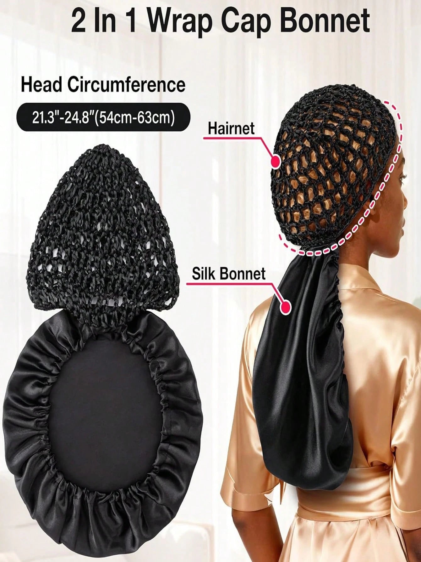 2pcs/1pc Adjustable Sleep Cap With Inner Hair Net Set, Double-Layer Satin Hair Care Bonnet, Elastic Design For Adjustable Size, Prevents Messy Hair And Reduces Friction Damage During Sleep, Hollow Bla