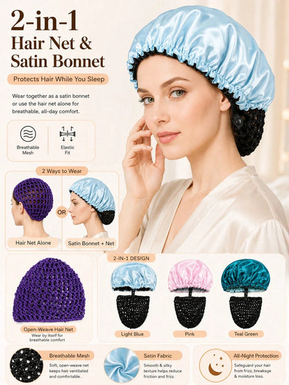 2pcs/1pc Adjustable Sleep Cap With Inner Hair Net Set, Double-Layer Satin Hair Care Bonnet, Elastic Design For Adjustable Size, Prevents Messy Hair And Reduces Friction Damage During Sleep, Hollow Bla