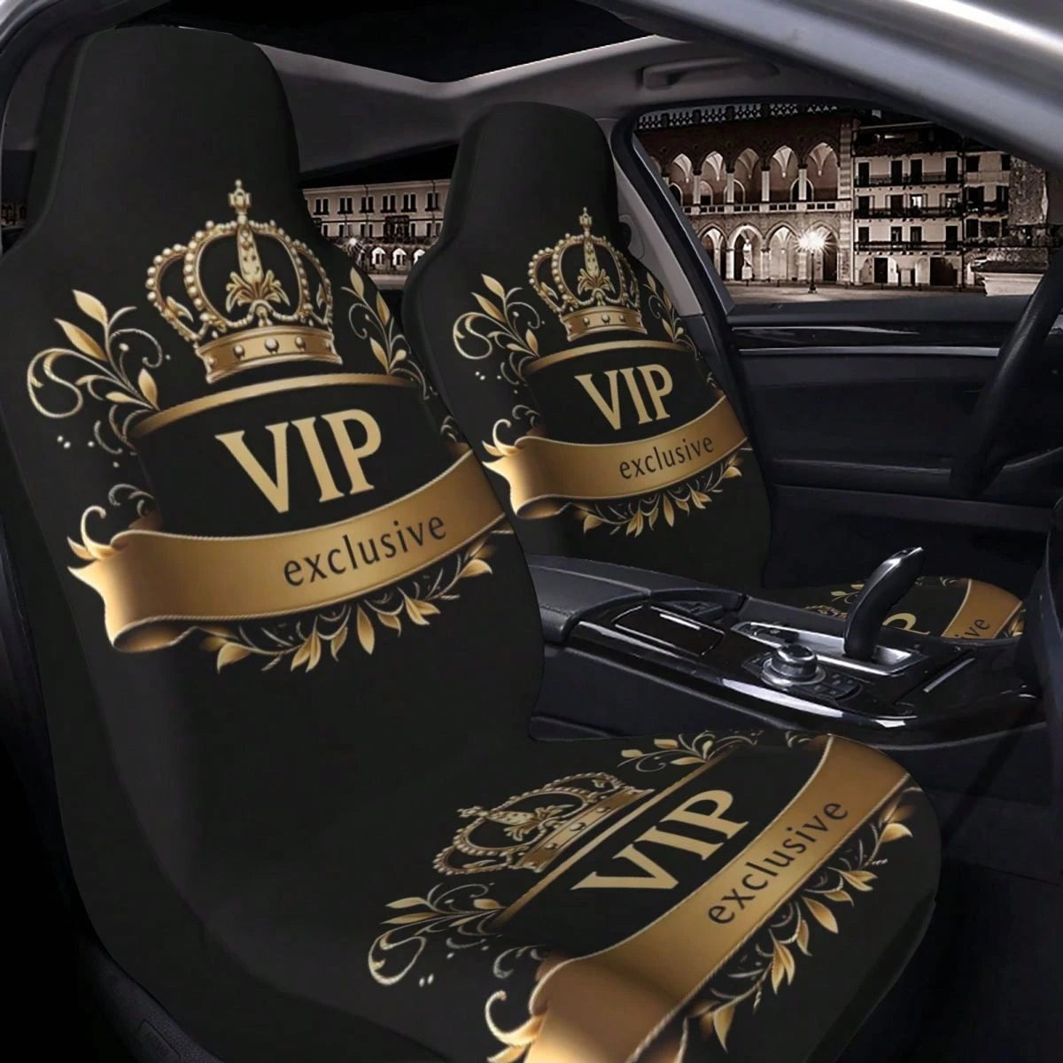 2pcs/5-Seat Full Car Ice Silk Seat Covers, Summer Exclusive VIP Crown Element Print Car Accessories, Women's Car Decor, Men's Full Set Car Essentials, All Season Applicable, Dust-Proof And Stain-Resis