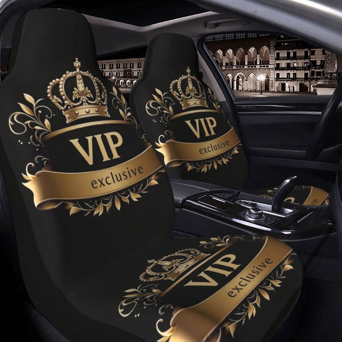 2pcs/5-Seat Full Car Ice Silk Seat Covers, Summer Exclusive VIP Crown Element Print Car Accessories, Women's Car Decor, Men's Full Set Car Essentials, All Season Applicable, Dust-Proof And Stain-Resis