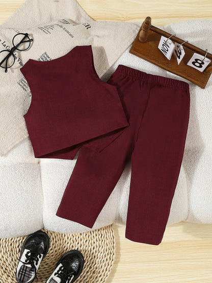 2pcs Baby Boy Formal Gentleman Outfit,Burgundy Solid Color Vest+Pants Set,Elegant And Classy,Winter Wedding,Performance,Party,Birthday,Christmas Wear