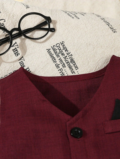 2pcs Baby Boy Formal Gentleman Outfit,Burgundy Solid Color Vest+Pants Set,Elegant And Classy,Winter Wedding,Performance,Party,Birthday,Christmas Wear