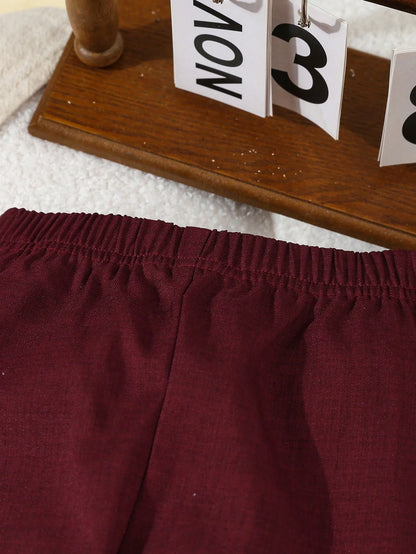 2pcs Baby Boy Formal Gentleman Outfit,Burgundy Solid Color Vest+Pants Set,Elegant And Classy,Winter Wedding,Performance,Party,Birthday,Christmas Wear