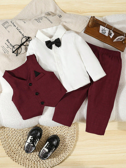 2pcs Baby Boy Formal Gentleman Outfit,Burgundy Solid Color Vest+Pants Set,Elegant And Classy,Winter Wedding,Performance,Party,Birthday,Christmas Wear