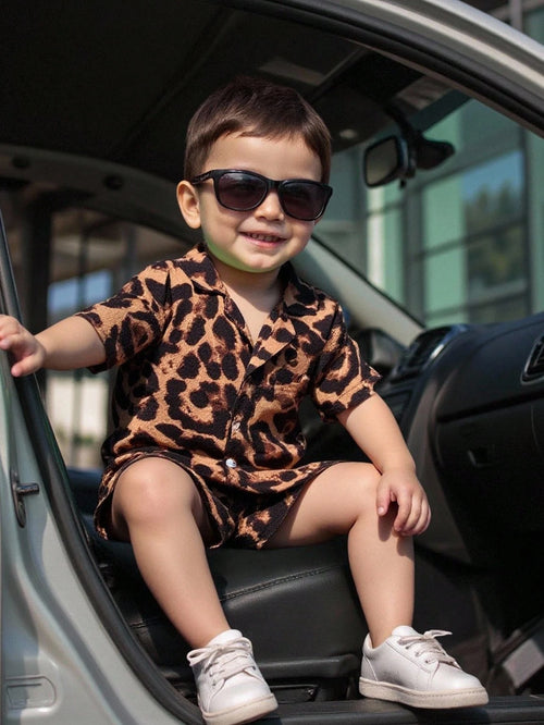 2pcs Baby Boy Leopard Pattern Lapel Short Sleeve Cardigan Top And Elastic Waist Shorts Set