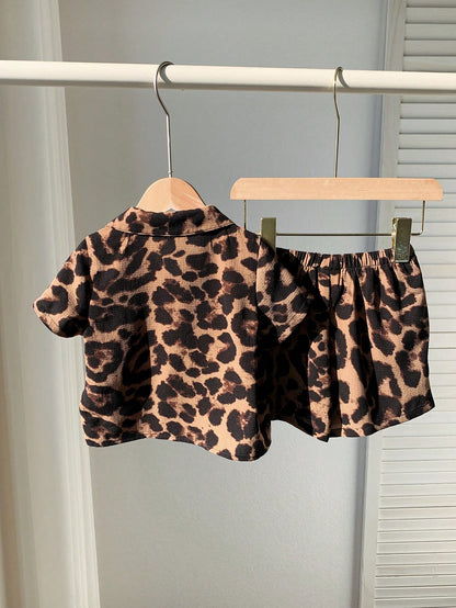 2pcs Baby Boy Leopard Pattern Lapel Short Sleeve Cardigan Top And Elastic Waist Shorts Set