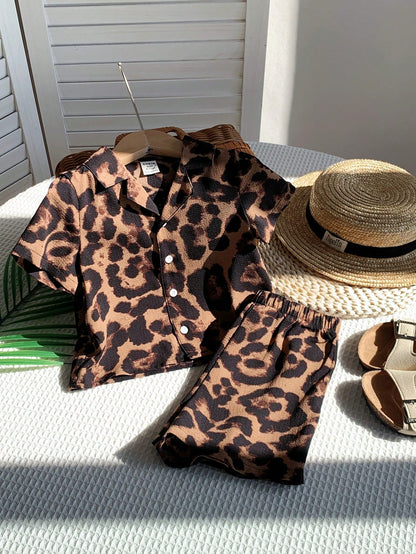 2pcs Baby Boy Leopard Pattern Lapel Short Sleeve Cardigan Top And Elastic Waist Shorts Set