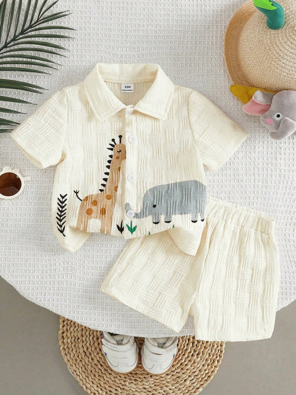 2pcs Baby Boy Textured Cute Cartoon Print Shirt And Shorts Street Fashion Children Set