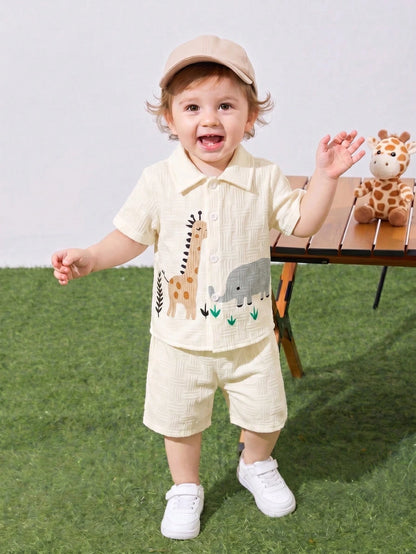 2pcs Baby Boy Textured Cute Cartoon Print Shirt And Shorts Street Fashion Children Set