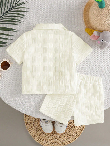 2pcs Baby Boy Textured Cute Cartoon Print Shirt And Shorts Street Fashion Children Set