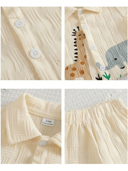 2pcs Baby Boy Textured Cute Cartoon Print Shirt And Shorts Street Fashion Children Set