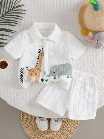2pcs Baby Boy Textured Cute Cartoon Print Shirt And Shorts Street Fashion Children Set