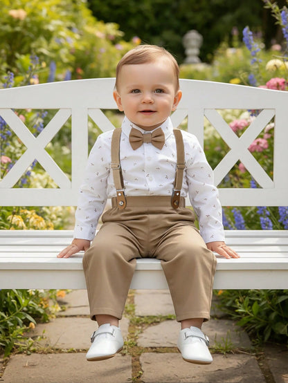2pcs Baby Boys Gentleman Outfit, Long Sleeve Shirt With Bow Tie And Overalls, Fashionable & For Birthday Party, Formal Event, Wedding