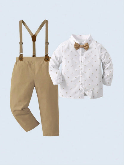 2pcs Baby Boys Gentleman Outfit, Long Sleeve Shirt With Bow Tie And Overalls, Fashionable & For Birthday Party, Formal Event, Wedding