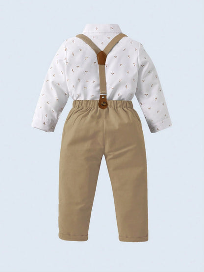 2pcs Baby Boys Gentleman Outfit, Long Sleeve Shirt With Bow Tie And Overalls, Fashionable & For Birthday Party, Formal Event, Wedding