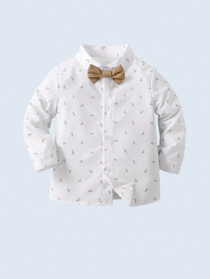 2pcs Baby Boys Gentleman Outfit, Long Sleeve Shirt With Bow Tie And Overalls, Fashionable & For Birthday Party, Formal Event, Wedding