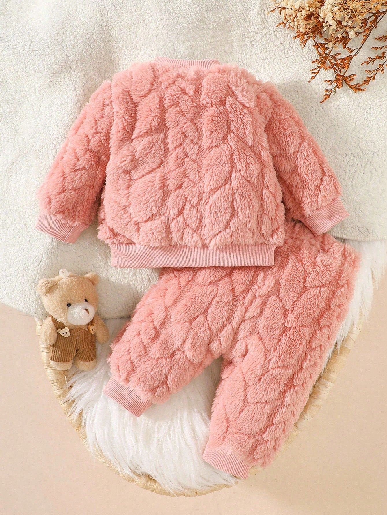 2pcs Baby Clothes Set, Cute Bear Head Pattern Sweatshirt And Fuzzy Long Pants, Sweet And Adorable, Autumn/Winter Fall