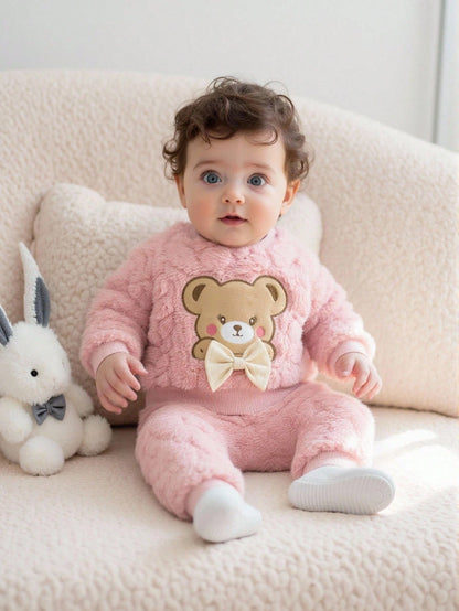 2pcs Baby Clothes Set, Cute Bear Head Pattern Sweatshirt And Fuzzy Long Pants, Sweet And Adorable, Autumn/Winter Fall