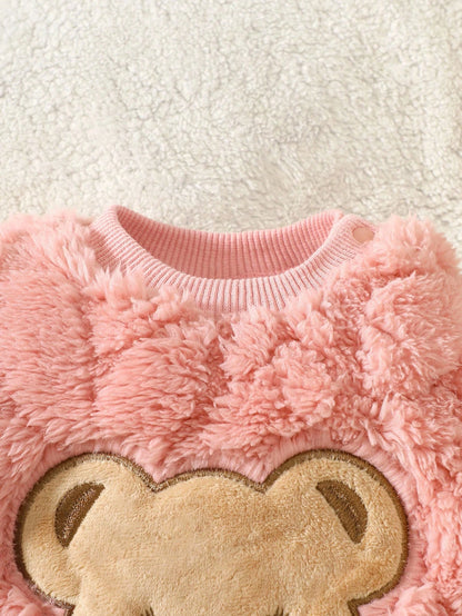 2pcs Baby Clothes Set, Cute Bear Head Pattern Sweatshirt And Fuzzy Long Pants, Sweet And Adorable, Autumn/Winter Fall