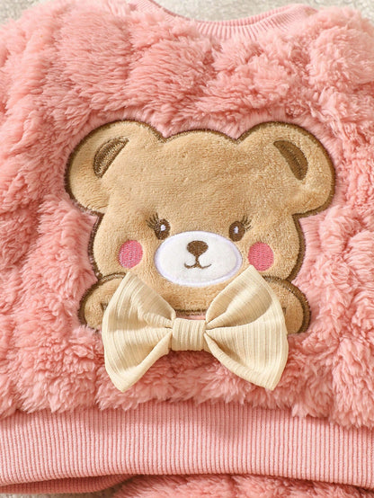 2pcs Baby Clothes Set, Cute Bear Head Pattern Sweatshirt And Fuzzy Long Pants, Sweet And Adorable, Autumn/Winter Fall