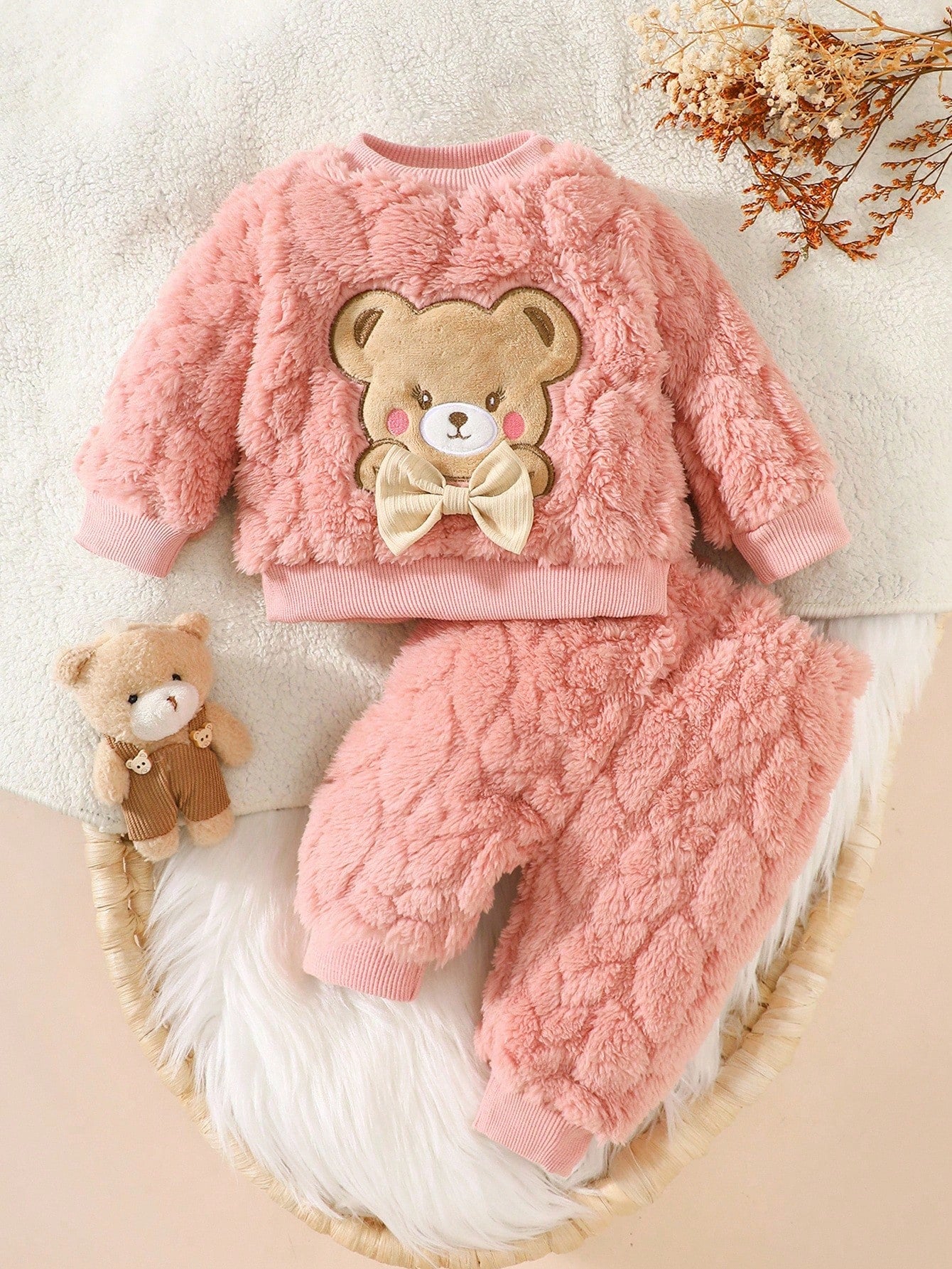 2pcs Baby Clothes Set, Cute Bear Head Pattern Sweatshirt And Fuzzy Long Pants, Sweet And Adorable, Autumn/Winter Fall
