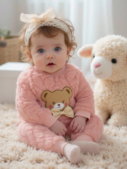 2pcs Baby Clothes Set, Cute Bear Head Pattern Sweatshirt And Fuzzy Long Pants, Sweet And Adorable, Autumn/Winter Fall