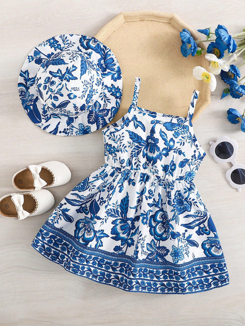 2pcs Baby Girl Casual Elegant Floral Print Dress + Hat Set, Lightweight For Spring/Summer