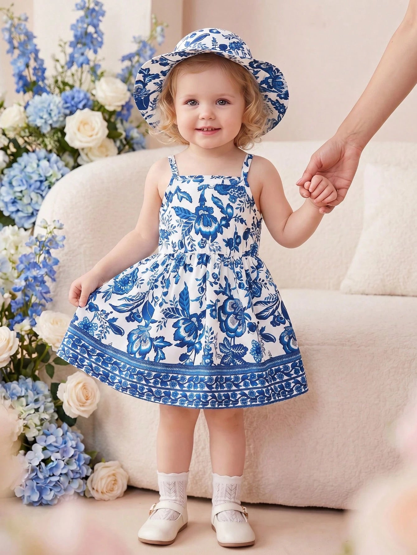 2pcs Baby Girl Casual Elegant Floral Print Dress + Hat Set, Lightweight For Spring/Summer