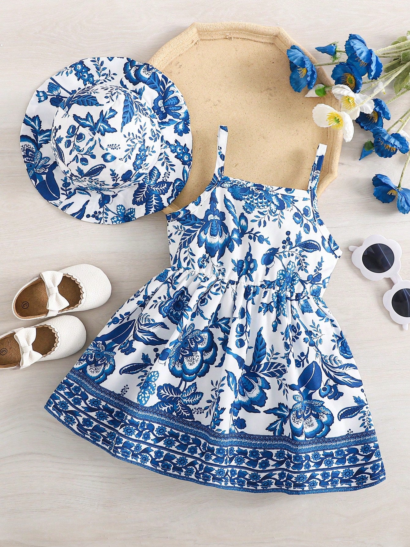 2pcs Baby Girl Casual Elegant Floral Print Dress + Hat Set, Lightweight For Spring/Summer
