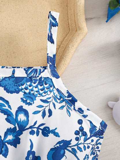 2pcs Baby Girl Casual Elegant Floral Print Dress + Hat Set, Lightweight For Spring/Summer
