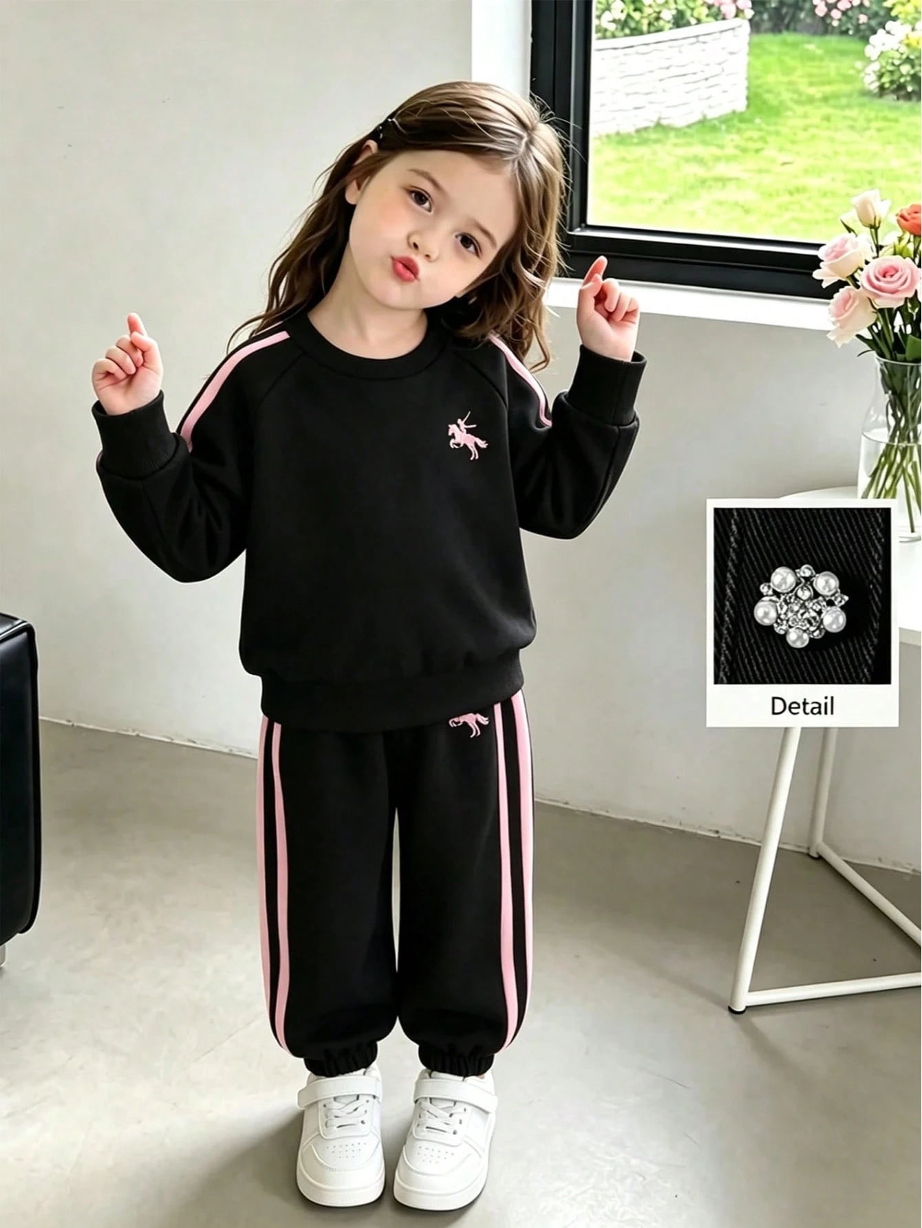 2pcs Baby Girl Casual Sporty Raglan Sleeve Embroidered Sweatshirt & Matching Jogger Pants Set, Spring/Autumn