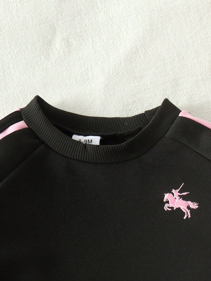 2pcs Baby Girl Casual Sporty Raglan Sleeve Embroidered Sweatshirt & Matching Jogger Pants Set, Spring/Autumn