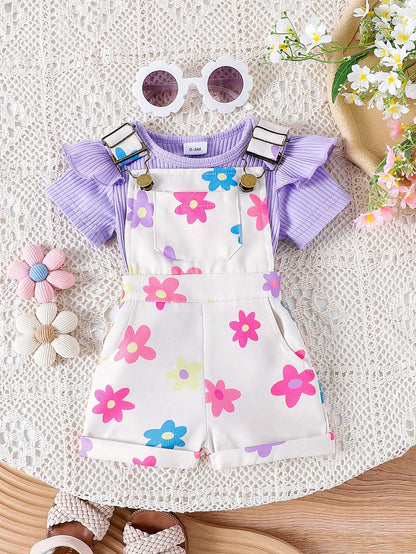 2pcs Baby Girl Cute Short Sleeve Ribbed Romper & Printed Suspender Shorts Set, Lightweight Summer