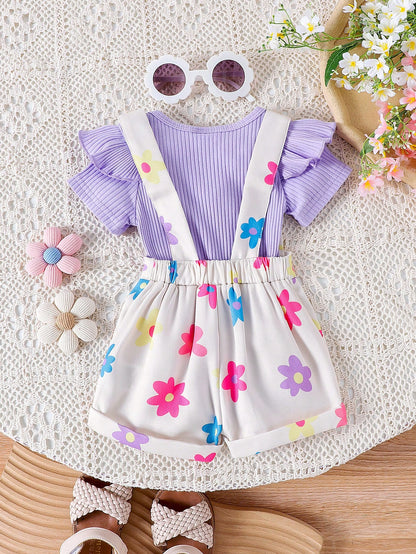 2pcs Baby Girl Cute Short Sleeve Ribbed Romper & Printed Suspender Shorts Set, Lightweight Summer