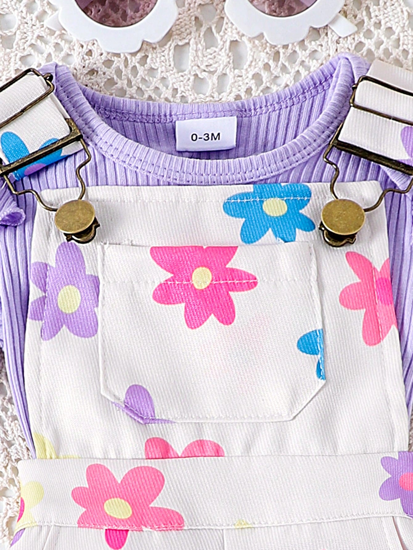2pcs Baby Girl Cute Short Sleeve Ribbed Romper & Printed Suspender Shorts Set, Lightweight Summer