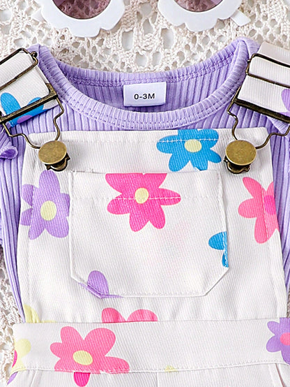 2pcs Baby Girl Cute Short Sleeve Ribbed Romper & Printed Suspender Shorts Set, Lightweight Summer