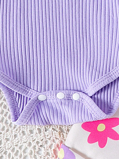 2pcs Baby Girl Cute Short Sleeve Ribbed Romper & Printed Suspender Shorts Set, Lightweight Summer