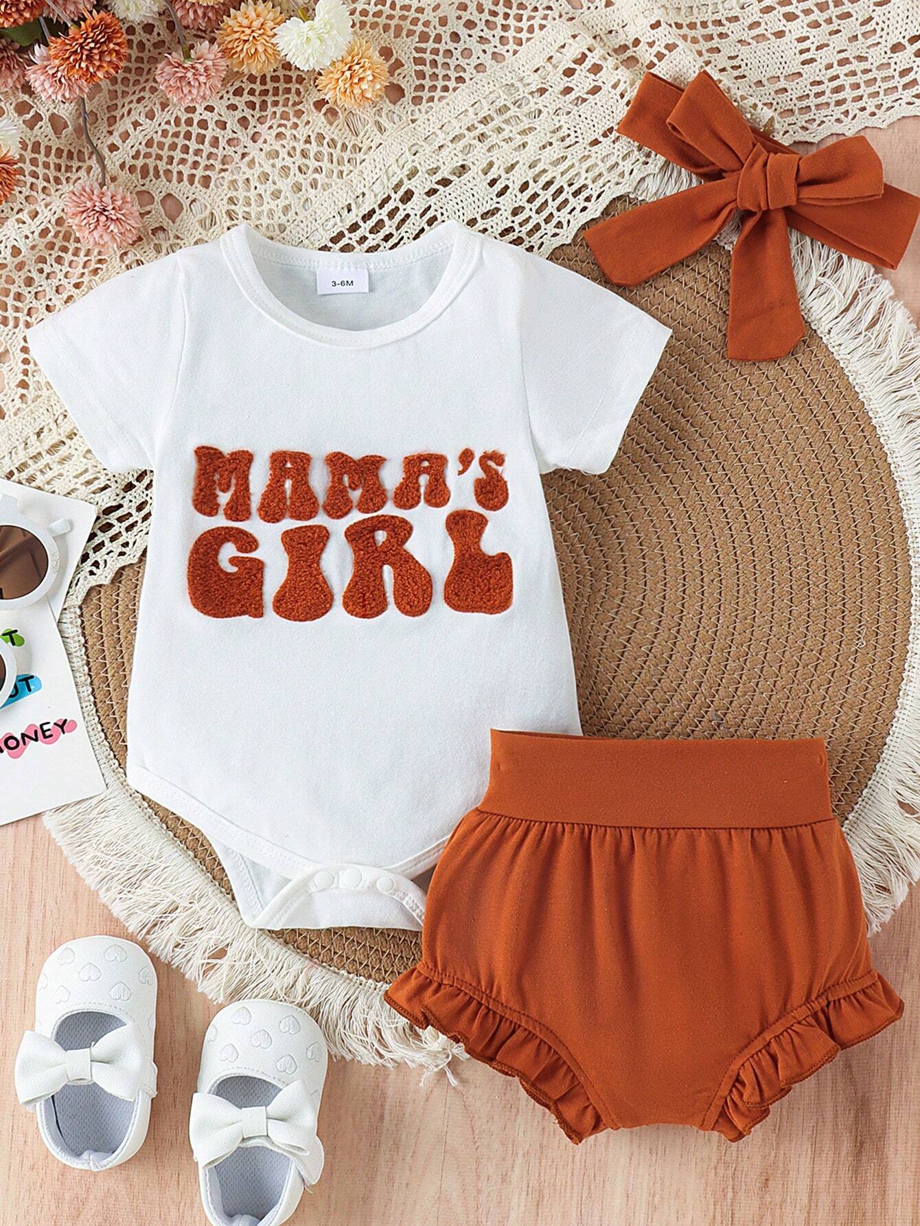 2pcs Baby Girl Cute Towel Embroidery Romper & Shorts Set With Headband, Thin Summer