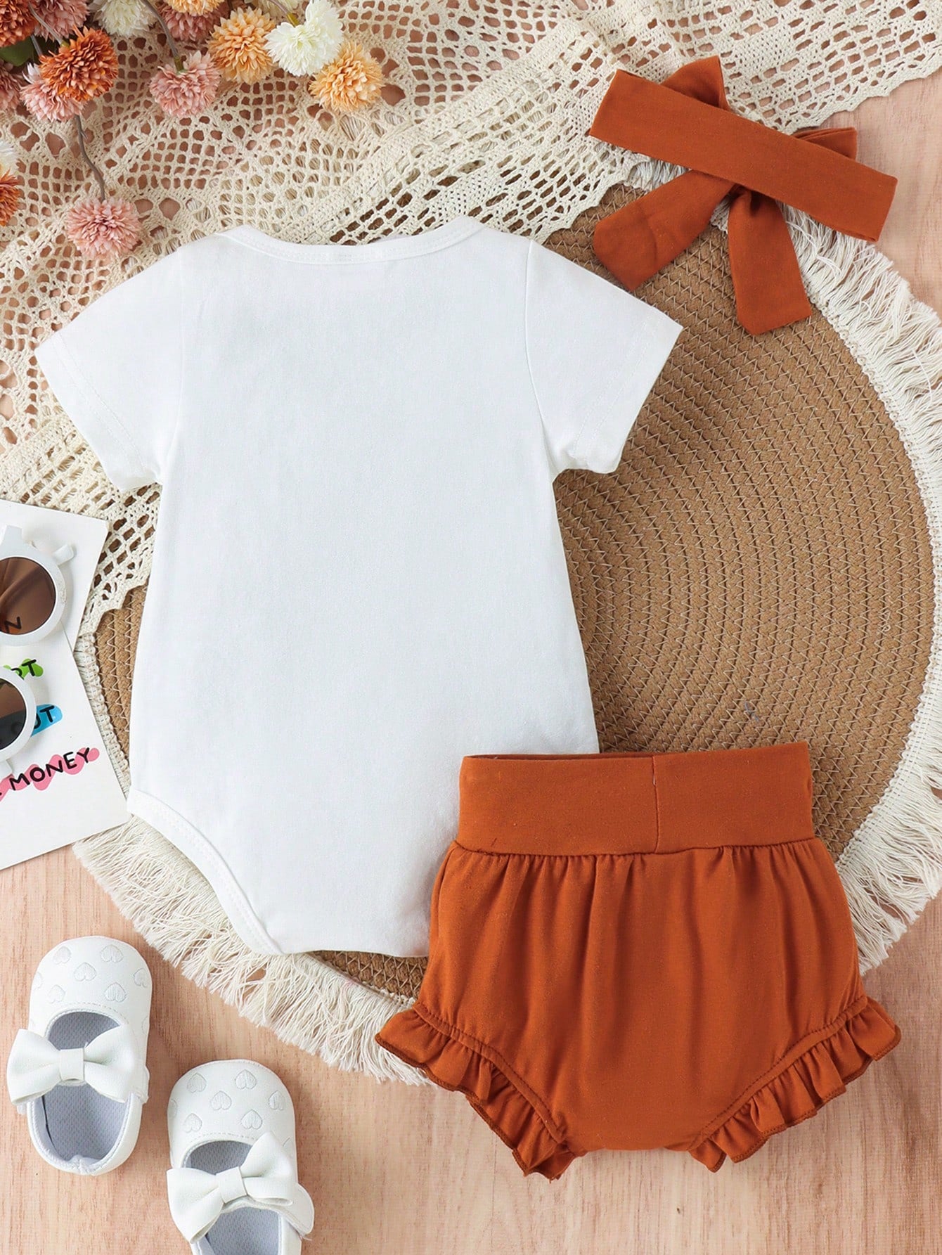 2pcs Baby Girl Cute Towel Embroidery Romper & Shorts Set With Headband, Thin Summer