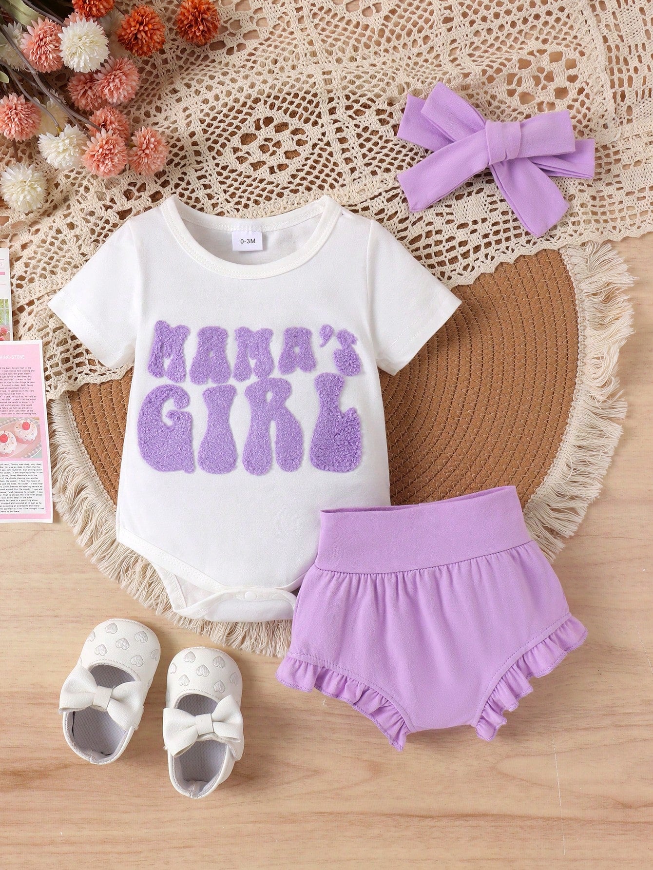 2pcs Baby Girl Cute Towel Embroidery Romper & Shorts Set With Headband, Thin Summer
