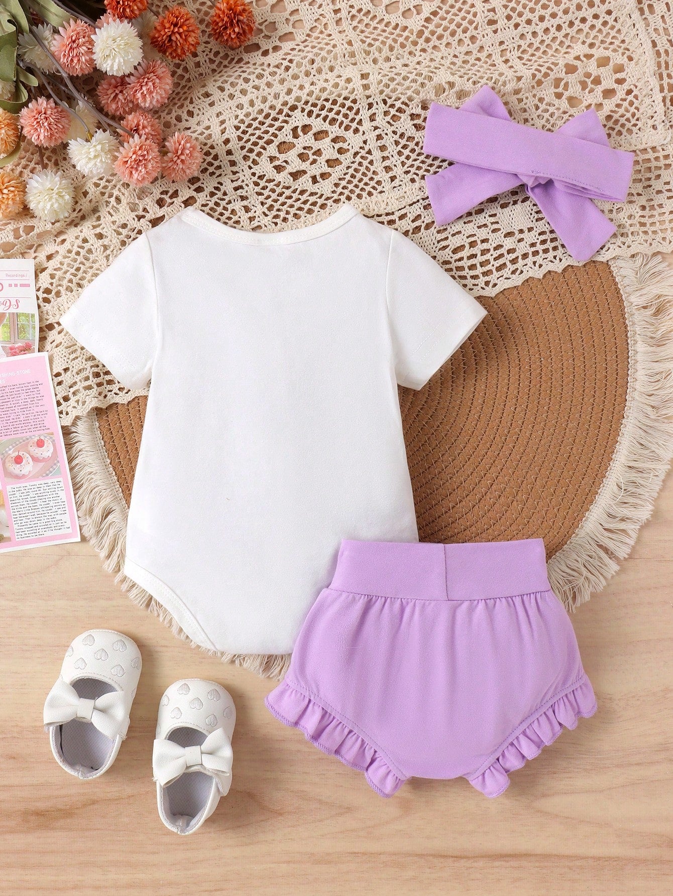 2pcs Baby Girl Cute Towel Embroidery Romper & Shorts Set With Headband, Thin Summer