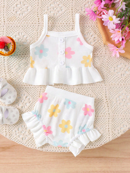 2pcs Baby Girl Fresh White Camisole Top & Shorts Set, Lightweight Summer Outdoor