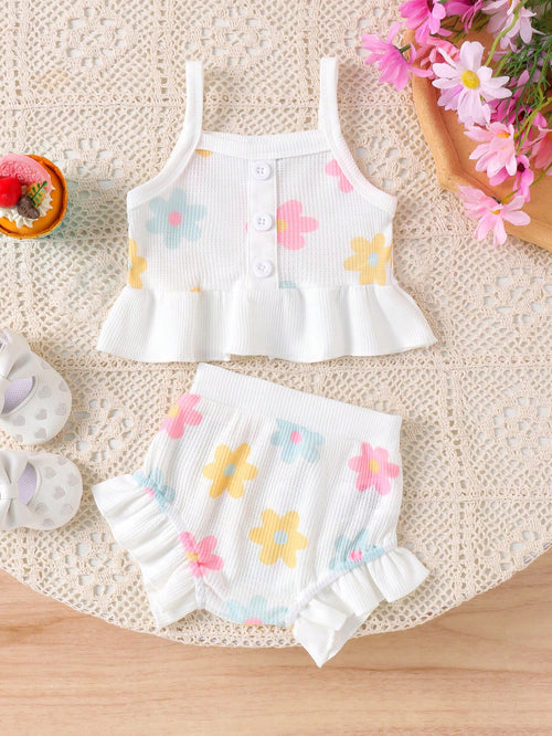 2pcs Baby Girl Fresh White Camisole Top & Shorts Set, Lightweight Summer Outdoor