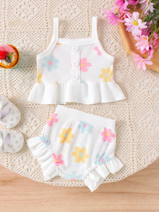 2pcs Baby Girl Fresh White Camisole Top & Shorts Set, Lightweight Summer Outdoor
