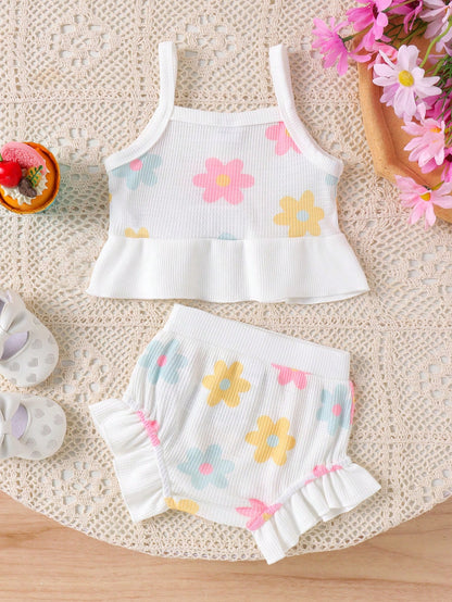 2pcs Baby Girl Fresh White Camisole Top & Shorts Set, Lightweight Summer Outdoor