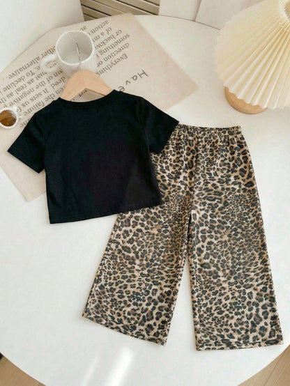 2pcs Baby Girl Solid Color Knit Round Neck Short Sleeve Top And Leopard Print Wide Leg Pants Set, Baby Girl Animal Print