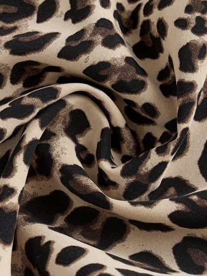 2pcs Baby Girl Solid Color Knit Round Neck Short Sleeve Top And Leopard Print Wide Leg Pants Set, Baby Girl Animal Print